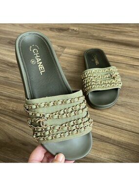 CHANEL RESORT 17 Chain Slide Mule Army Gold Sandals Dangle CC Logo Leather Sanda